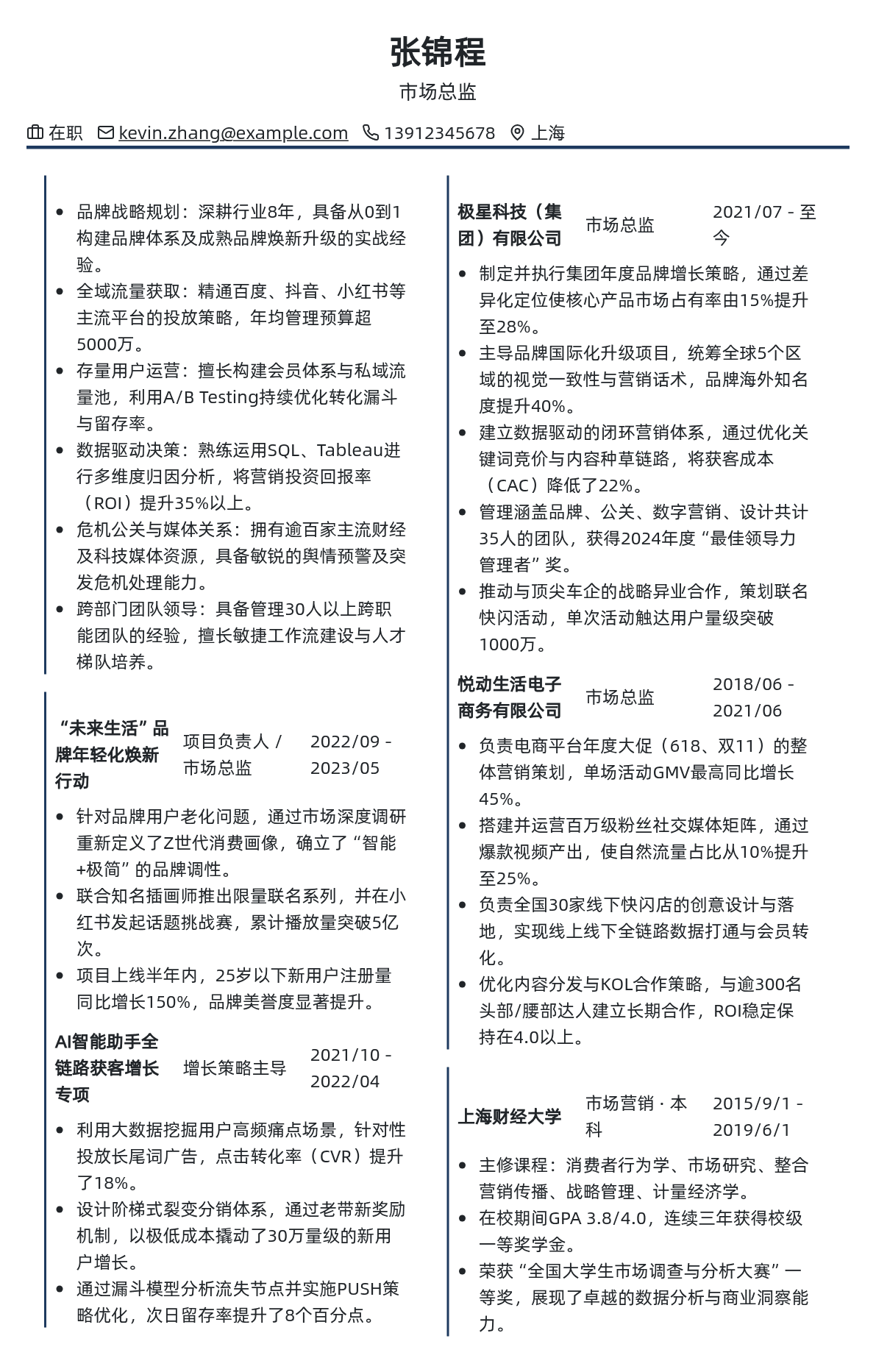 市场总监简历模板 - 经典黑白